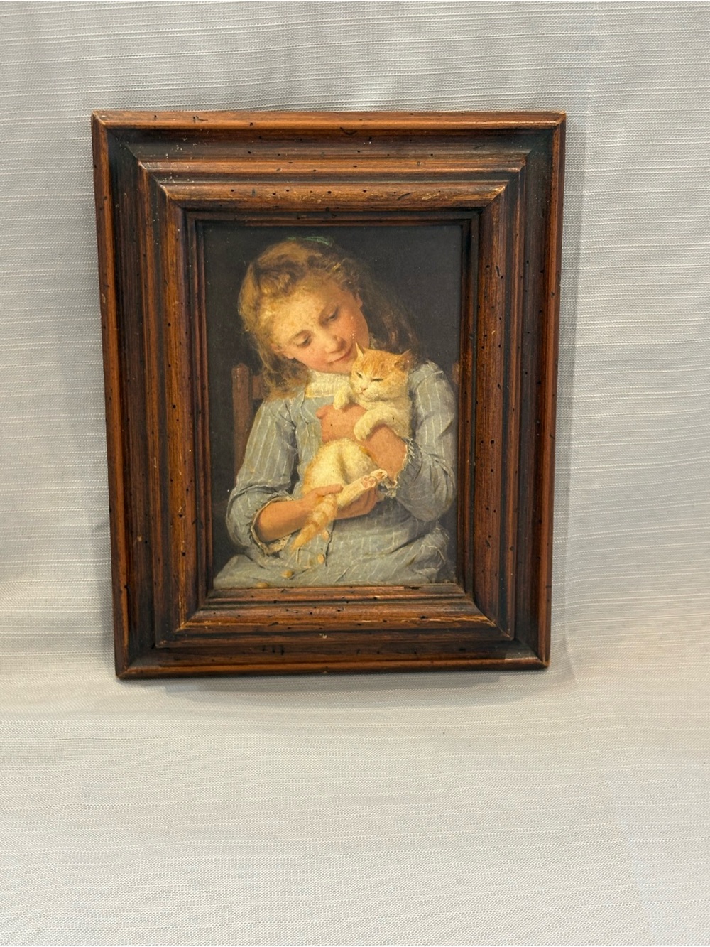 Framed Home Art Print - Girl with Kitten in Blue Dress